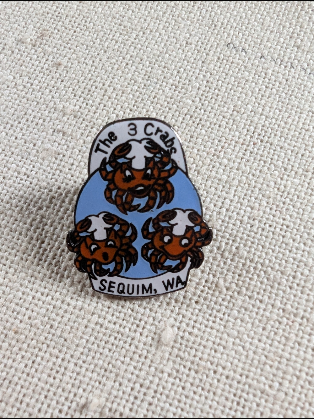 The 3 Crabs Sequim WA Enamel Pin - Blue & Brown Crab Design